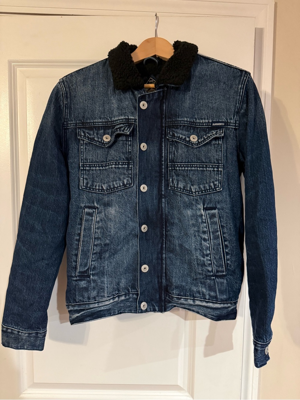 Superdry Dark Blue Denim Jacket with Black Sherpa Collar